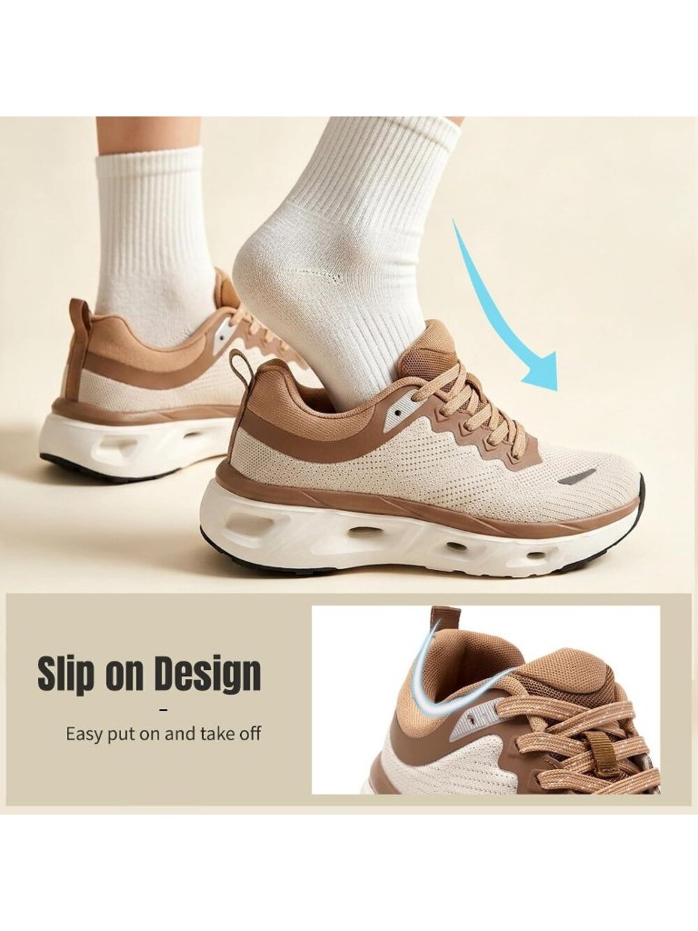 Women's Beige Khaki Comfortable Cushioning Non Slip Work Fashion Walking Sneaker - Picture 5 of 6